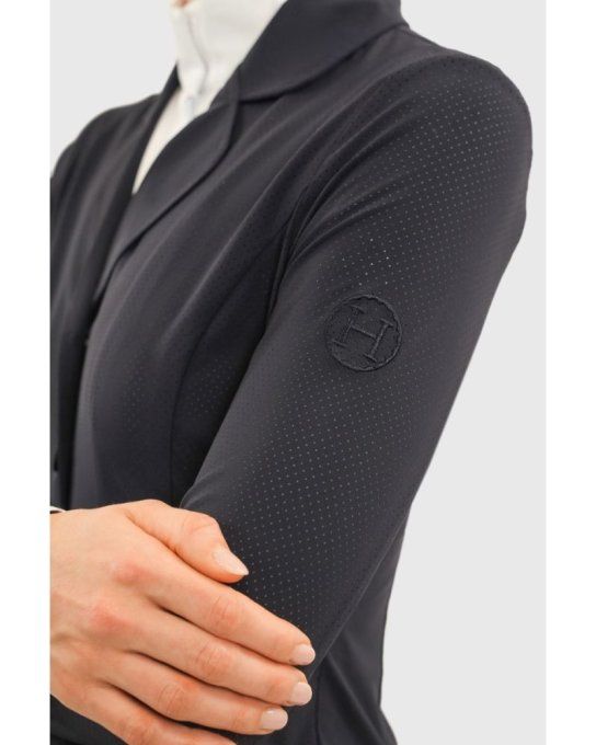 Veste de concours femme HARCOUR Bess marine, coupe cintrée, matière micro-perforée respirante, bouto