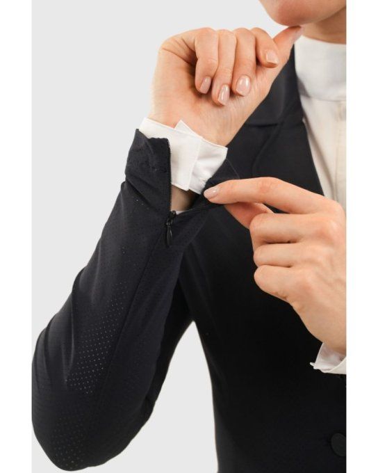 Veste de concours femme HARCOUR Bess marine, coupe cintrée, matière micro-perforée respirante, bouto