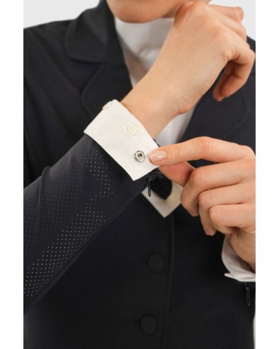 Veste de concours femme HARCOUR Bess marine, coupe cintrée, matière micro-perforée respirante, bouto